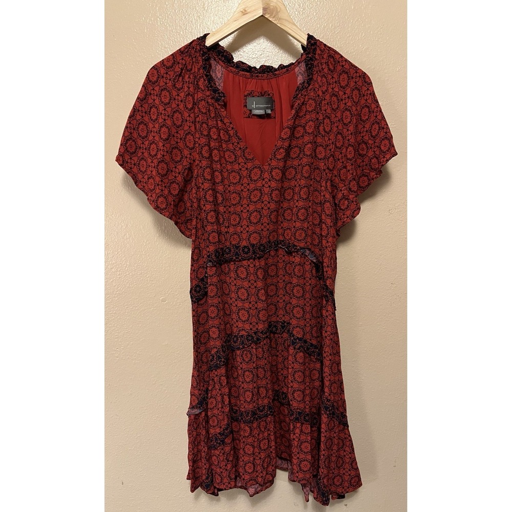 Anthropologie‎ Robin Red and Black Tiered Short Sleeve Mini Dress Ruffles Size L